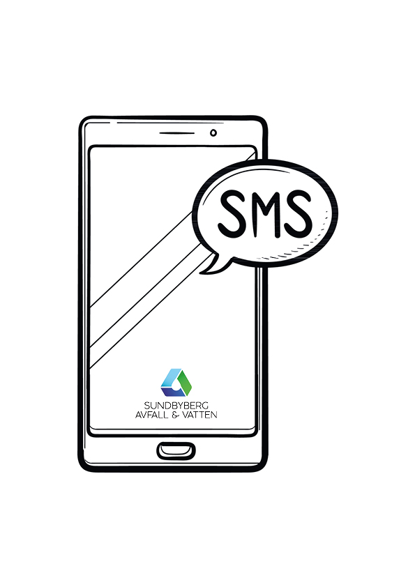 Illustration av en mobiltelefon med Savabs logga och en pratpubbla som säger SMS